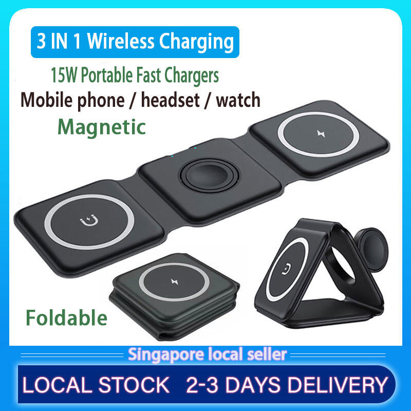 3 in 1 Mag Safe Dock Station For Apple 13/12/11 Airpods 3/2 Iwatch 7/6/5/4/3 Magnet Wireless Charger With Led Light