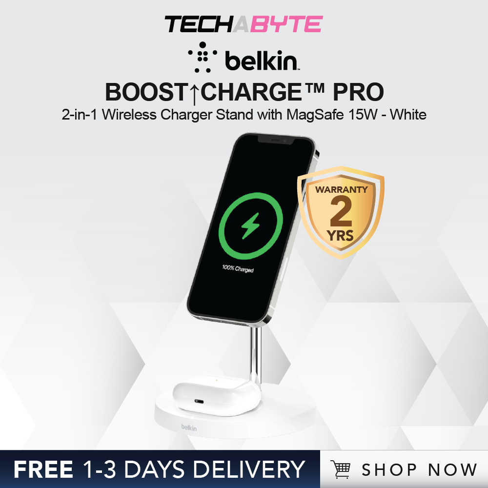 Belkin BOOST↑CHARGE PRO | 2-in-1 Wireless Charger Stand with MagSafe 15W - White