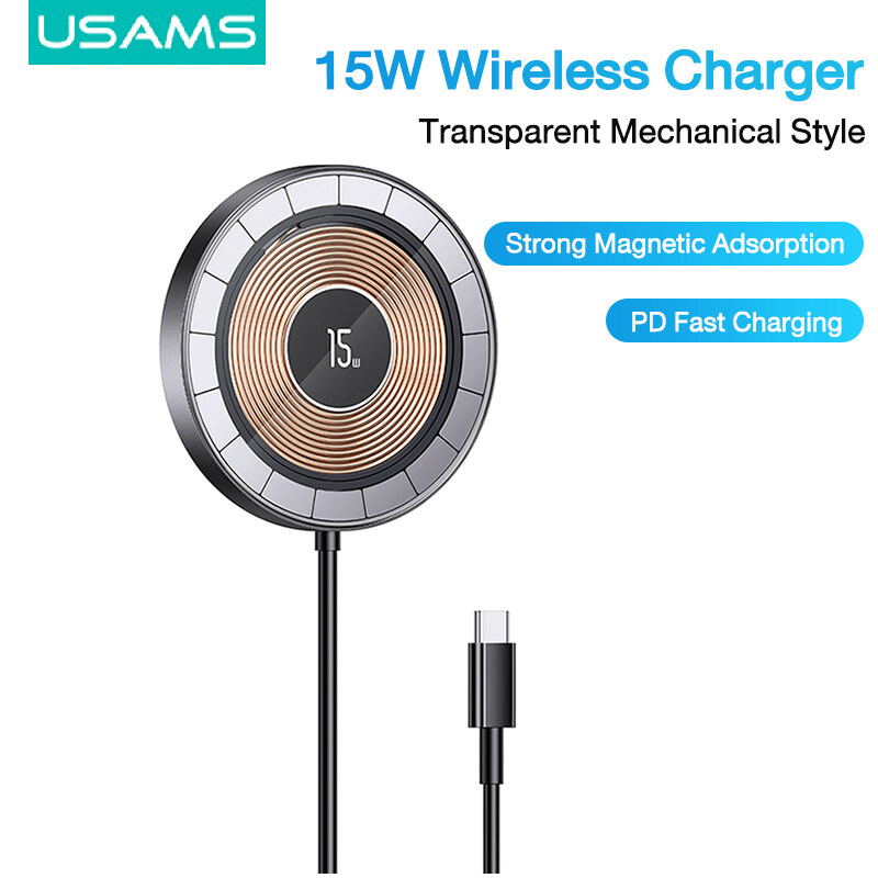 USAMS 15W Magnetic Wireless Charger Transparent Mechanical Style Ultra-Thin Automatic Coil Induction PD Fast Charging For iP/Xiaomi /Samsung / Oppo / Vivo / Huawei