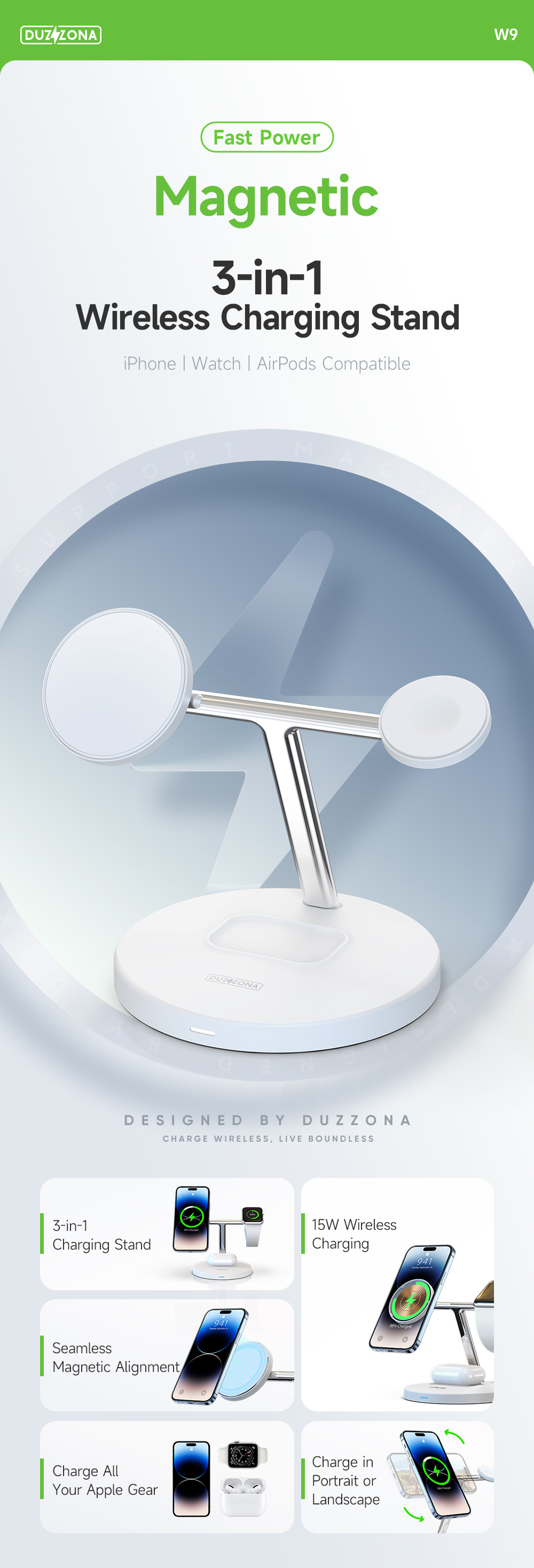 Duzzona Fast Power Magnetic 3 in 1 Wireless Charging Stand for iPhone, iWatch & Airpods Compatible Modern Design Non Slip Easy To Use 14 13 12 Pro Apple USB C Multiple Protection