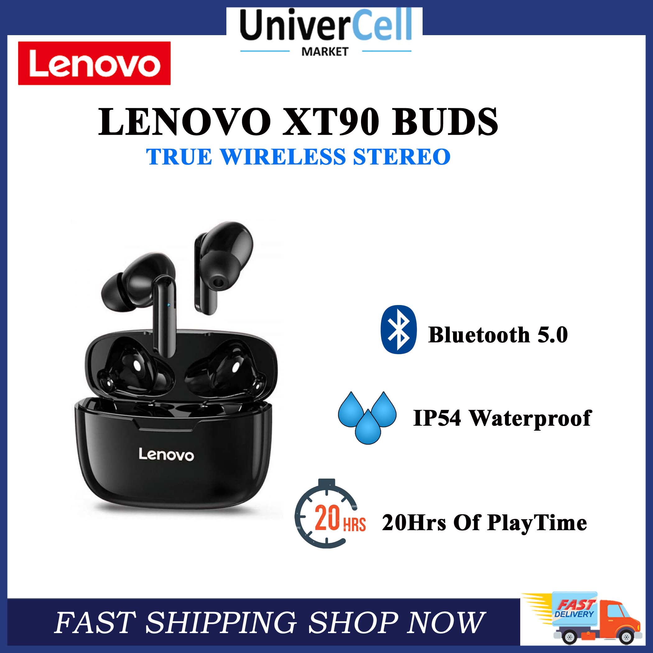 LENOVO XT90 BUDS | TRUE WIRELESS STEREO | IB54 WATERPROOF | 20HRS OF PLAYTIME