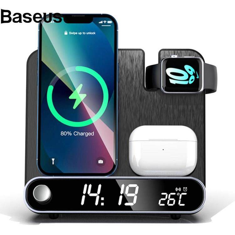 Baseus 15W Wireless Charger 3 in 1 Multi-function Charging Station Desktop Charging Stand with Alarm Clock Function for iPhone iWatch AirPods