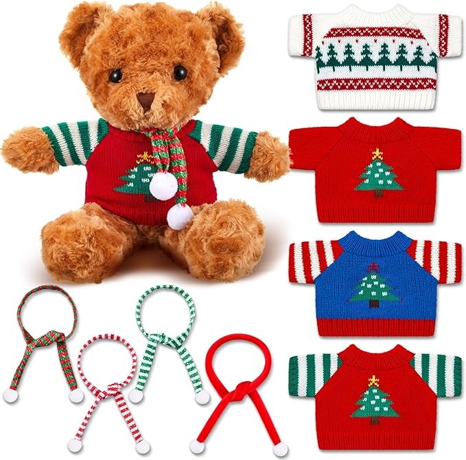 4 Set Bear Clothes Christmas Stuffed Animals Clothes Teddy Bear Sweater Outfit with Scarves Fit Most 12 to 16 Plush Dolls Soft Toys Make Your Own Stuffed Animals DIY Plush Toy Christmas
